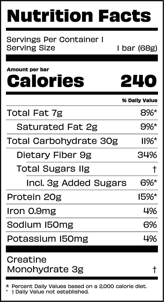 DAILY BAR Cookie Dough Dazzler protein bar nutrition fact panel - 20g protein, 3g creatine per bar