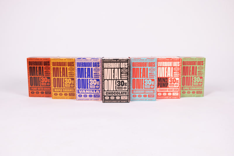 MEAL ONE 30g protein overnight oats in 7 flavors - Chocolate, Vanilla, Blueberry Banana, Apple Cinnamon, Maple Caramel, Peanut Butter, Strawberry Walnut Cream